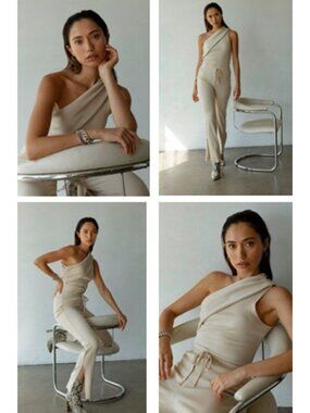 The Range Size XS Ribbed Knit Folded One Shoulder Top Champagne Neutral READ